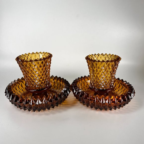 Vtg Indiana Art Glass Amber Diamond Point Peg Votive Candle Holders Retro MCM - Picture 2 of 12